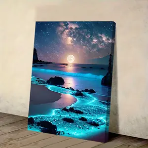 1pc Luminous Moonlit Beach Canvas Wall Art with Frame - Glowing Blue & Purple Starry Night Seascape, Wrapped Canvas Print for Bedroom, Living Room, Corridor Decor, Beach Decor, Corridor Artwork, Vibrant Color Print, 2D Flat Decoration Artistic