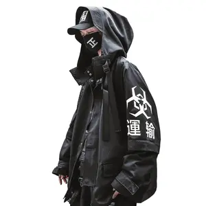 Hij7 Niepce Black Techwear Fashion Japanese Kanji Cyberpunk Jacket with Hoodie