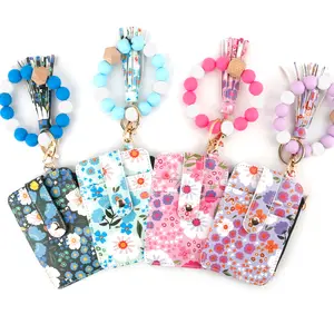 Great Gifts for Women's Boho Style Beaded&Tassel Decoration Keychain with Flower Pattern Wallet,Portable Wristlet Keychain Credit Card Wallet Pink