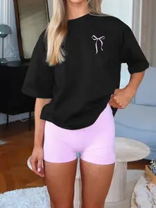 Women's Round Neck Short Sleeve Top, Simple Bow Print, Minimalist Loose Fit Casual Fashion, Youthful Campus Style, Summer Daily Wear, Everyday