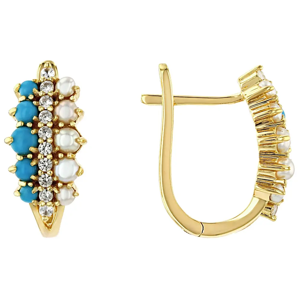 JTV Sleeping Beauty Turquoise, Cultured Seed Pearl & Zircon 18k Yellow Gold Over Silver Earrings