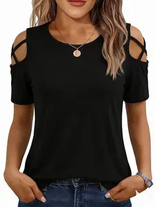 Women's Plain Short Sleeve Off-Shoulder Tie Top, Sexy Style, Pure Color, Perfect for Casual Wear, Comfortable and Stylish