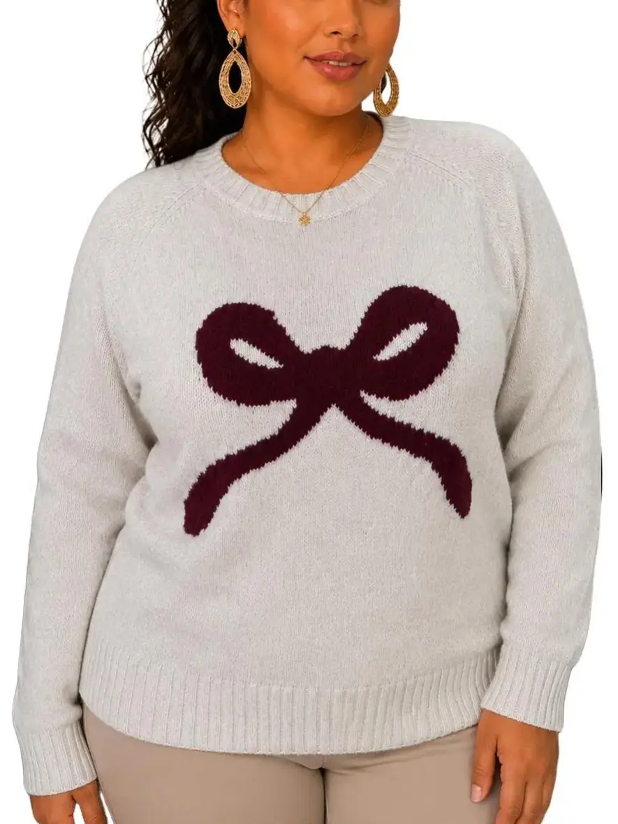 Women’s Plus Size Ribbed Knit Longsleeves Pullover - Soft Polyester Fabric, Fuzzy Burgundy Bow, Medium-Length Casual Daily Top, Fuzzy Bow