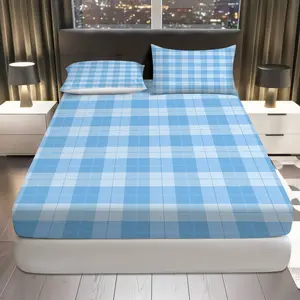 3Pcs Blue Plaid Checkered Fitted Sheet Three Piece Set (1*Fitted Sheet+2*Pillowcases, Coreless), All Seasons theme, Bedroom Bedding Set, Mattress protector Soft, Breathable