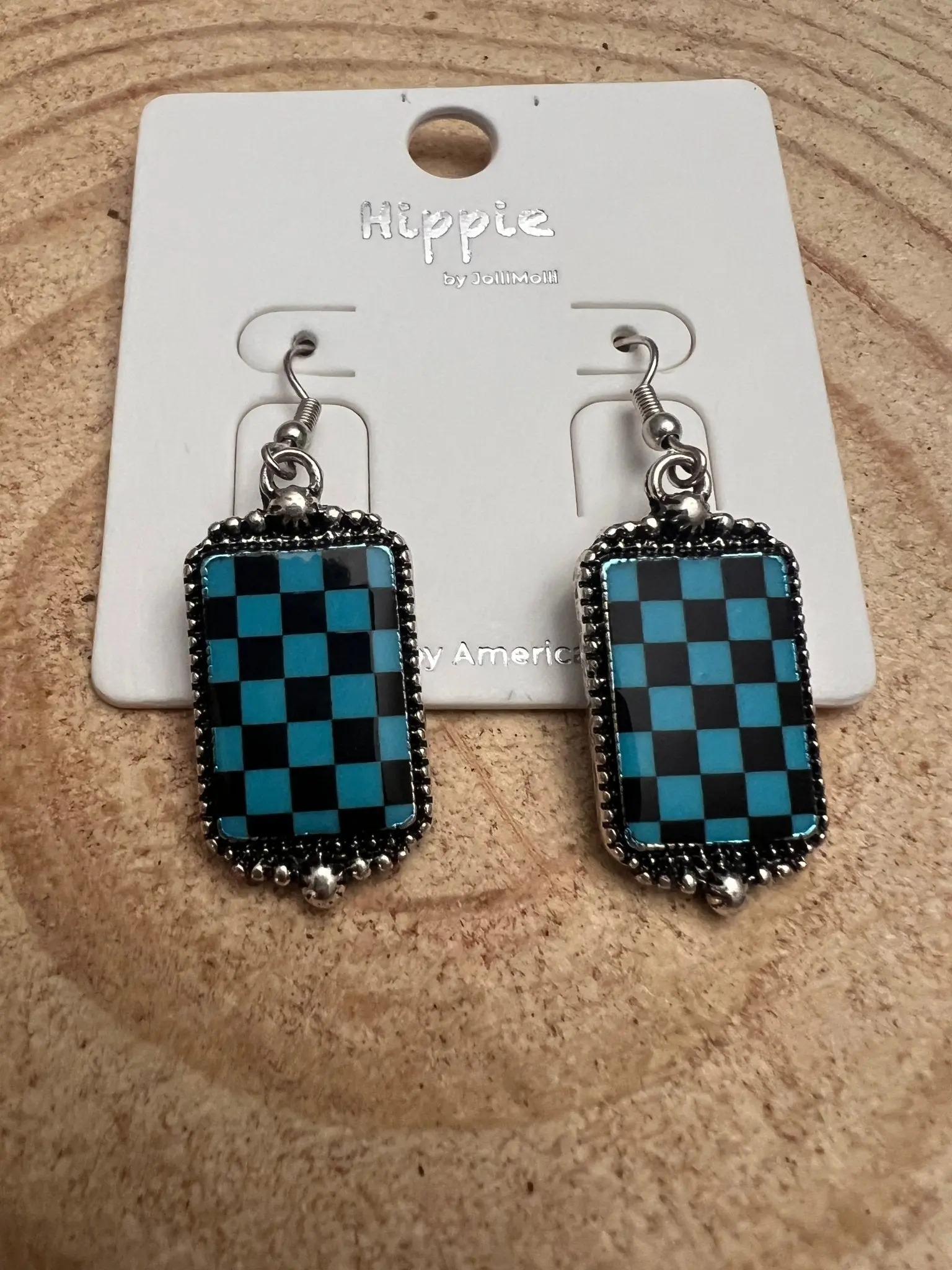 Western Turqoise and Black Checkered Rectangle Earrings — 1½" Drop