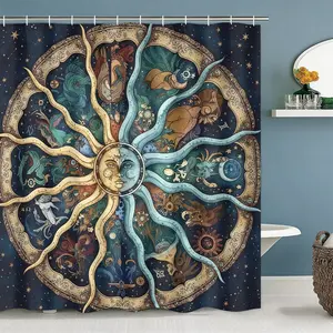 Vintage Sun Moon Star Pattern Shower Curtain Set, Boho Style, Includes Bath Mat and Toilet Lid, Elegant Bathroom Decor, Halloween Christmas Thanksgiving Theme