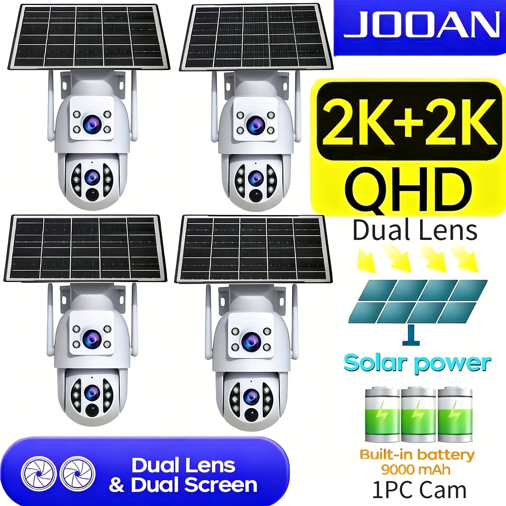 Solar Powered 360° View Camera Outdoor Dual Lens 2K QHD 9000mAh Battery Low Power 2.4G Stable WiFi Full Color Night Vision Night Turns to Day Two Way Audio Loud Clear Intercom IPX6 Dust Rain Proof Smart Security