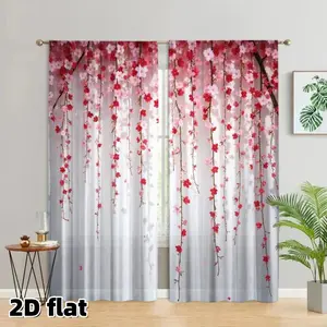2D Flat 2Pcs Cherry Blossom Floral Curtains, Pink Red Flowers Cascading Design, Rod Pocket Style, Semi Sheer Polyester Fabric, Elegant Spring Theme, Suitable for Living Room Bedroom Dining Kitchen Window Treatment, Nature Inspired Home Decor