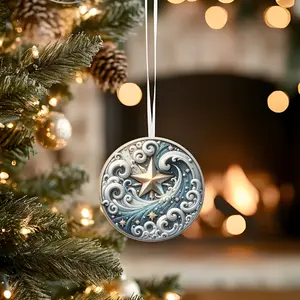 Silver and Gold Star Ocean Wave Ceramic Ornament Circle Shape Glossy Finish Lightweight Durable Design for Christmas Decor
