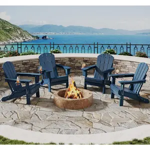 GAOMON Folding Adirondack Chair Set of 4, All-Weather HDPE Outdoor Chair, Wooden Textured with Cup Holder for patios, Decks, Gardens, fire pits, Navy Blue