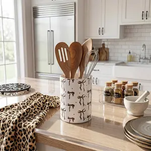 Leopard Print Bow Kitchen Decor  Kitchen Utensil Holder Crock Spoon Organizer for Countertop Table Decor Coffee Spoon Holder Jar for Cooking Tools