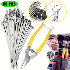 51Pcs Hand Tools Kits,Including 50Pcs Heavy Duty Metal Zip Ties and 1Pcs Tie Cutter,UV Resistant Stainless Steel,11.8 Inch,Self-Locking Zip Ties Suitable For Fixing Fences,Pipes,Etc