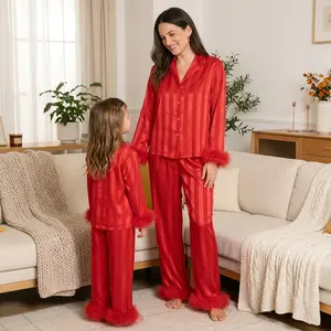 Mommy and Me Matching Pajamas Long Sleeve Lapel Stripe Print Button Up Tops and Pants Set