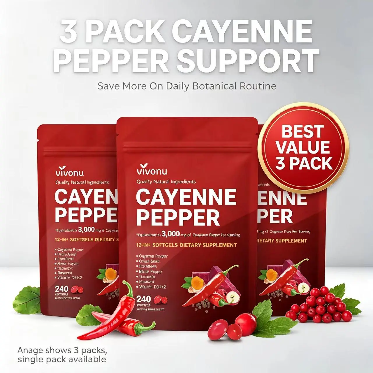 【3 pack】VivoNu Cayenne Pepper Softgels Supplement 240 Count with Vitamin E D3 K2 & Extracts of Grape Seed Hawthorn Beetroot for Leg Vein Heart Blood Vessel Health - Healthcare