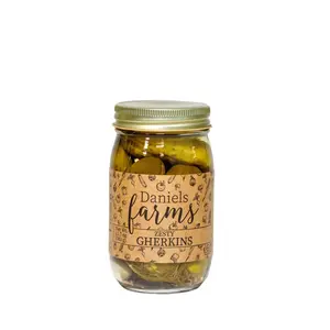 Daniels Farms Zesty Gherkins - Crispy Pickled Cucumbers in Glass Jar with Crispy Flavor, Ideal for Snacking and Marinating