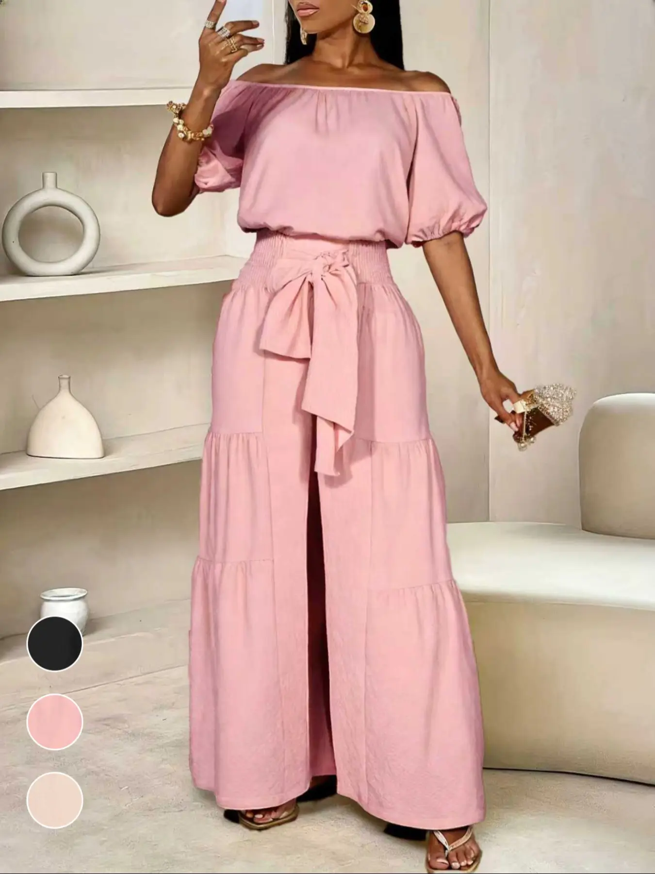 Elegant Off-Shoulder Top with Bow Detail and Solid Color Wide Leg Pants Two-Piece Set, Fit, Womenswear, Commuter Date Party Outdoors