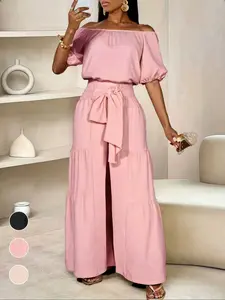 Summer New Women's One-Shoulder Puff Sleeve Feminine Blouse with Wide-Leg Pants Set, Casual for a Slimming Look, Comfortable and Stylish Two-Piece Outfit