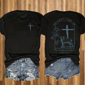 Women's Cross and Sheep Pattern Bible Story T-shirt, Bible Chapter, 180G Solid Color Double-sided Printed Round Neck Short Sleeve T-shirt, Casual Printed T-shirt, Fashion Single Piece