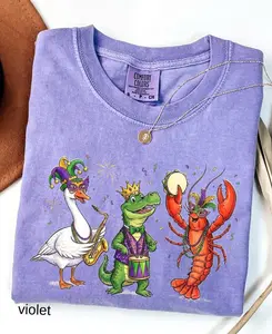 Comfort Colors Retro Mardi Gras Funny Crocodile Crawfish Goose Mardi Gras Matching Tee, Fleur De Lis Fat Tuesday