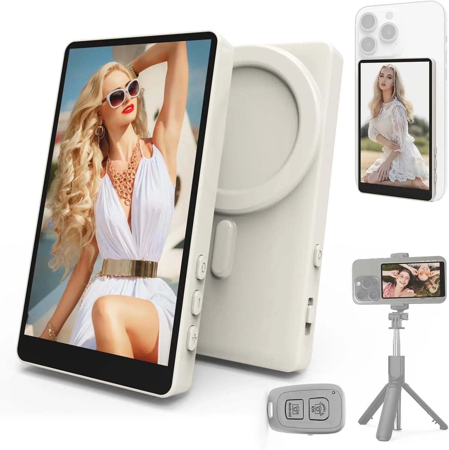 Vamvo Magnetic Selfie Monitor Screen Accessory for Mobile Phones - 1080P Wireless Screen Mirroring, Remote Control, Video Recording, EU Type, Multi-OS Compatibility Selfie Accessories for Android iOS Content Creators (White)