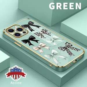 Phone Case for iPhone 15 Pro Max 16 14 Plus 13 12 11 X XS Max XR Leopard Print Bow Pattern Luxury Golden Edge Elecroplated TPU Camera Lens Protection Mobile Phone Cover Gift for Shockproof Protective Casing