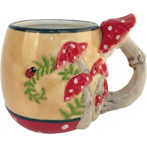 Mushroom Mug, Ceramic Coffee Cup, 5.75" L x 4.25" W, Twig Handle & Ladybug Ring