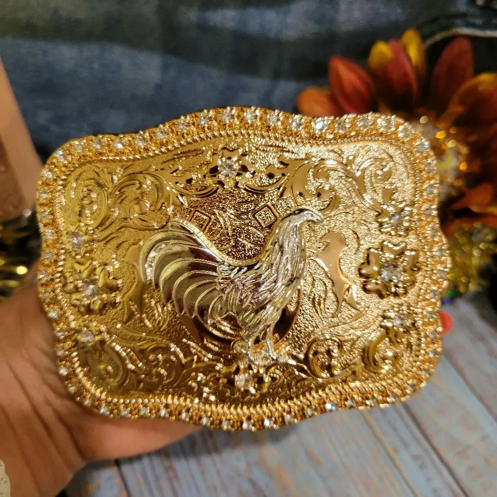 Rooster Western Belt Buckle with rosetone  silver Design and Rhinestone accents, Featuring Cowboy Gift Item