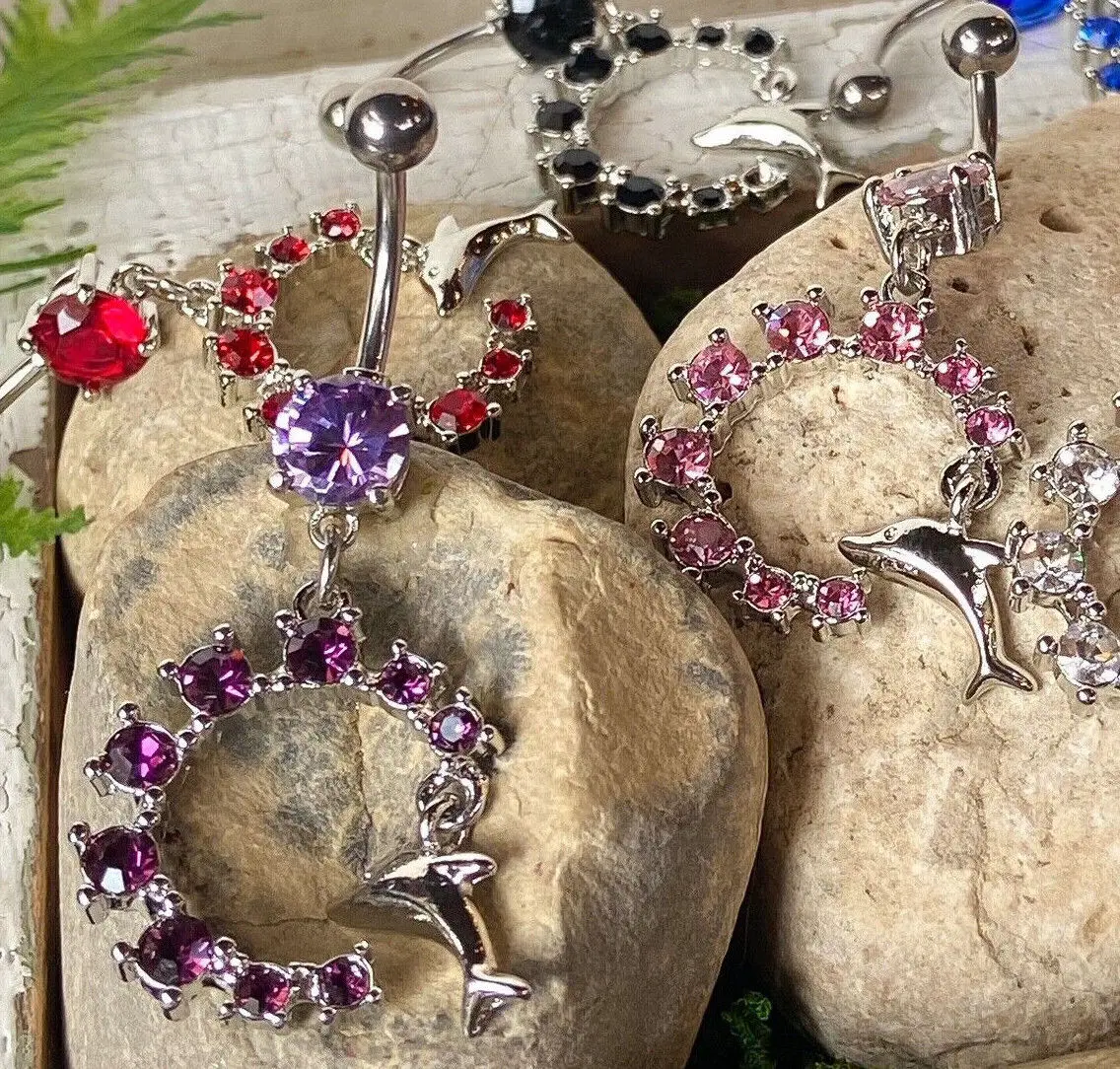 Dolphin Dangle Semi Circle CZ Gem Belly Ring Navel Naval Semi-Circle