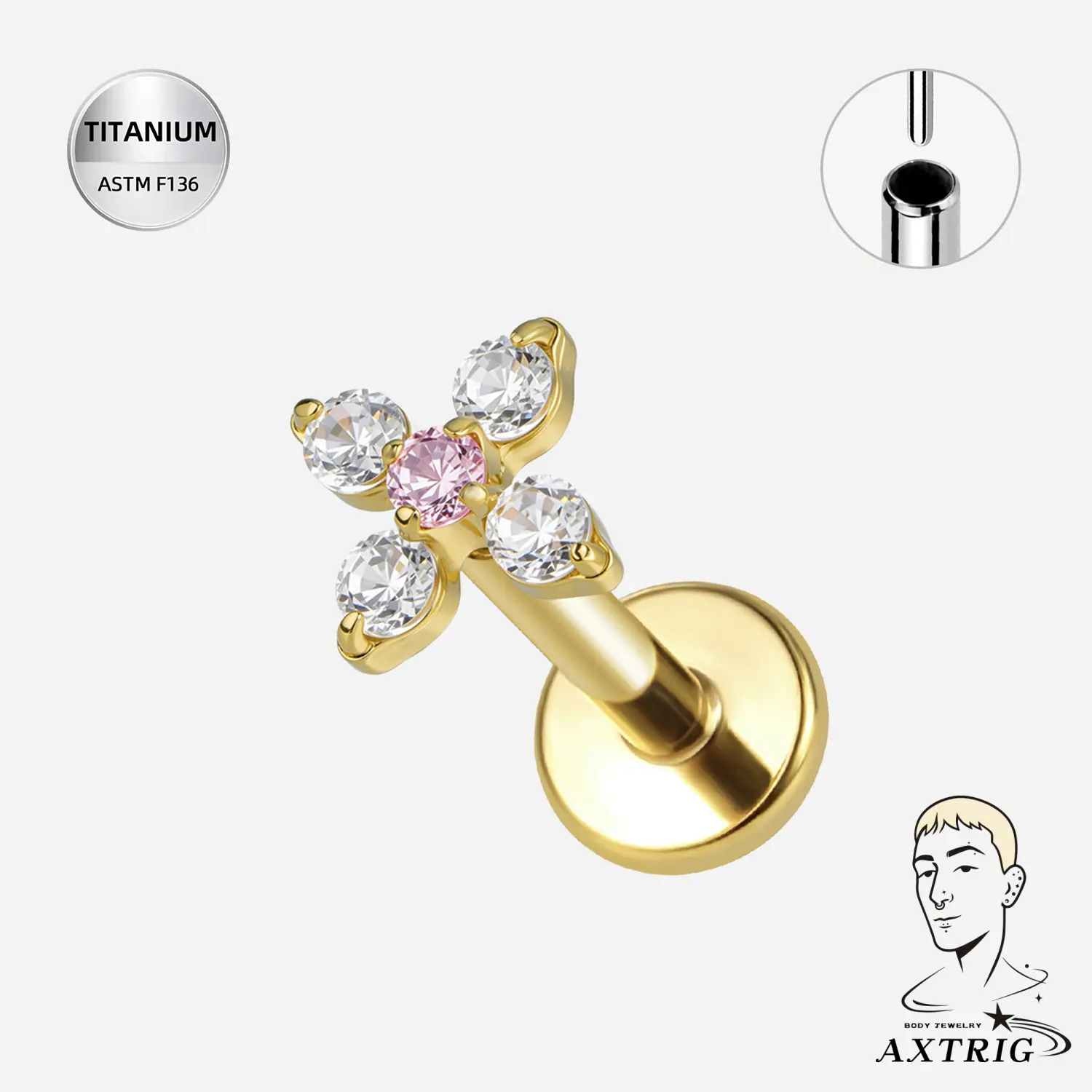 Unisex 16G Threadless Titanium Clustered CZ Labret Stud - ASTM F136 Flat Back Jewelry for Ear/Lip Piercings conch