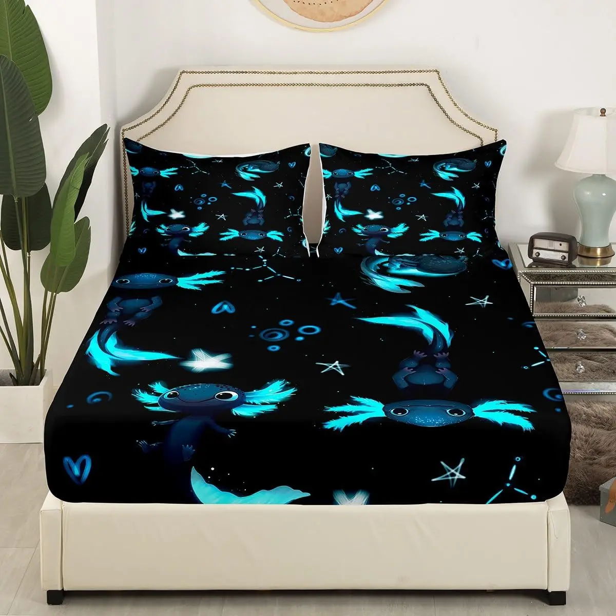 Cute Axolotl Bedding Set Black Blue Axolotl Bed Set Bedroom Decor Kawaii Animals Fitted Sheet Soft Microfiber Salamander Bed Cover(Fitted Sheet + Pillow Case )