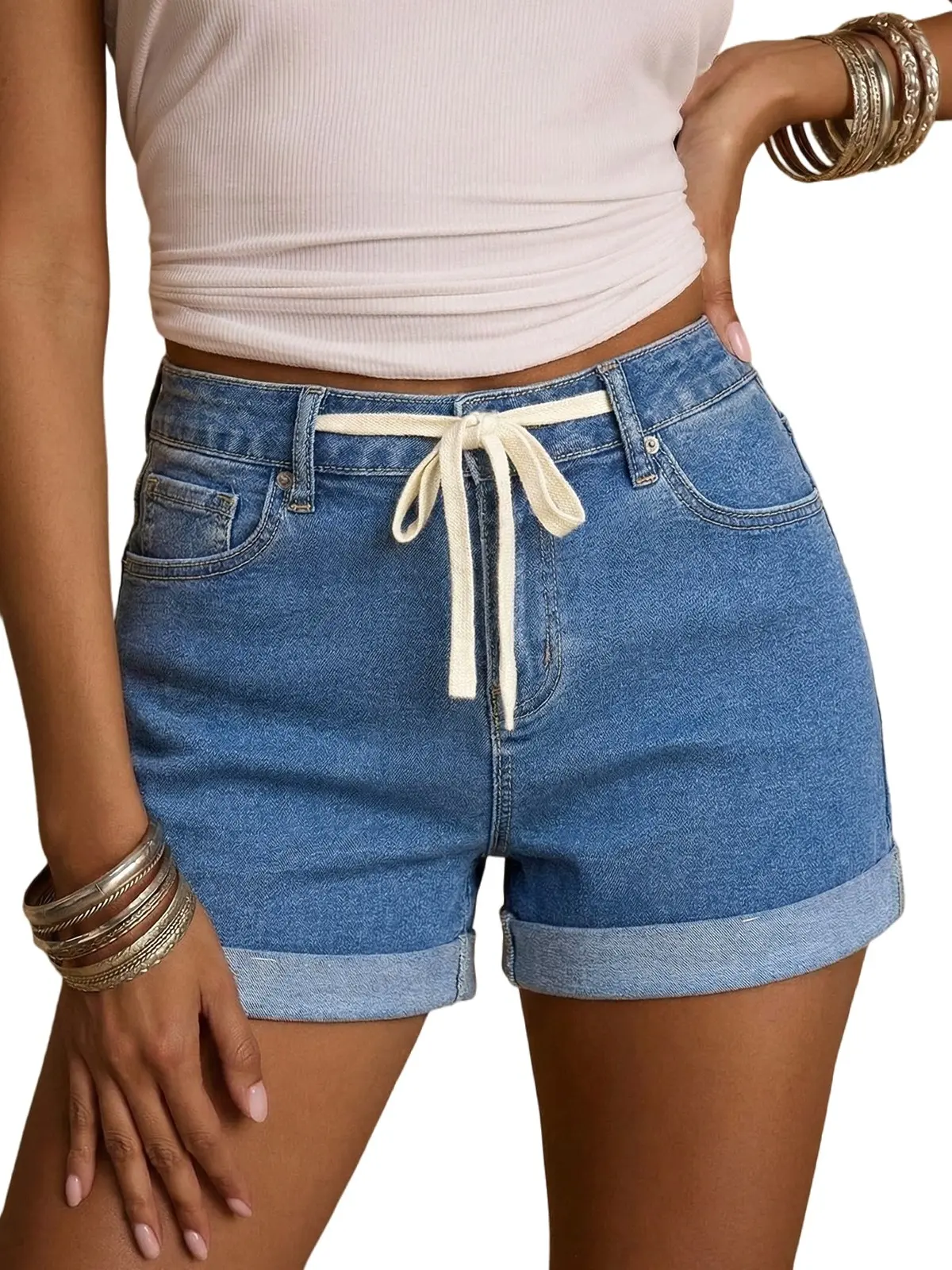 Sidefeel Women's Jean Shorts High Waisted Drawstring Fold Hem Baggy Denim Shorts DealsForYouDays summerwins WeeklyDeals Summer Outfit