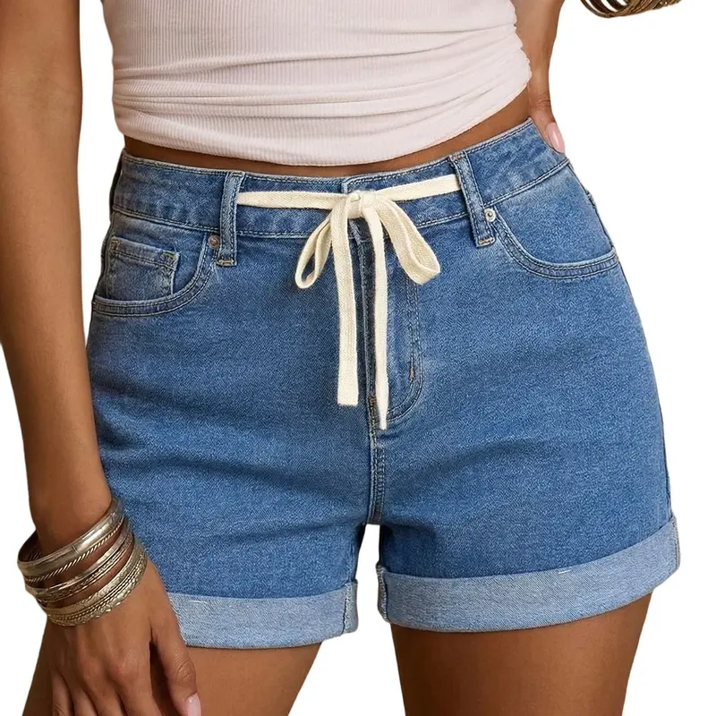 Sidefeel Women's Jean Shorts High Waisted Drawstring Fold Hem Baggy Denim Shorts Fall Outfit
