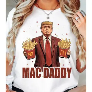Mac Daddy 47 - Trump 2024 T-Shirt with McDonald's Graphics and White Design for Women Cotton Top