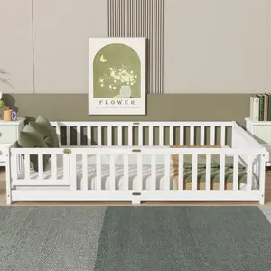 Bellemave  Queen Size Floor Bed with Fence,Door,Rubber Wood Floor Bed with Safety Guardrails