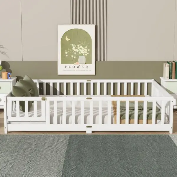 Bellemave Queen Size Rubber Wood Floorbed with Safety Fences, Door, Toddler Bed Compatibility