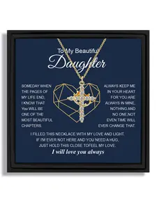 1 piece birthday gift love heart design necklace with rotating crown cross pendant for daughter with blessing card and box