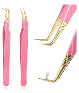 2Pcs Lash Tweezers for Eyelash Extensions 90 Degree Eyelash Extension Tweezers Fiber Tip Lash Tweezers False Eyelash Tweezers Lash Cluster Tweezers for Volume Lashes, Pink