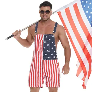 WIRDATRD American Flag Overalls Men and Women Stretch Denim Bib Shorts USA 4th of July Outfit with Zipper, Menswear, Womenswear