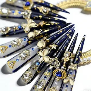 Navy Blue Gold Star Sailor Moon Crystal Nails Anime Luxury Fake Nails Extra Long Stiletto Press On Nails 10PCS