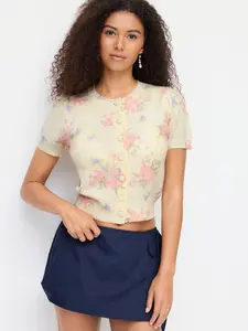 Cider Knit Wool-blend Floral Puff Sleeve Cardigan