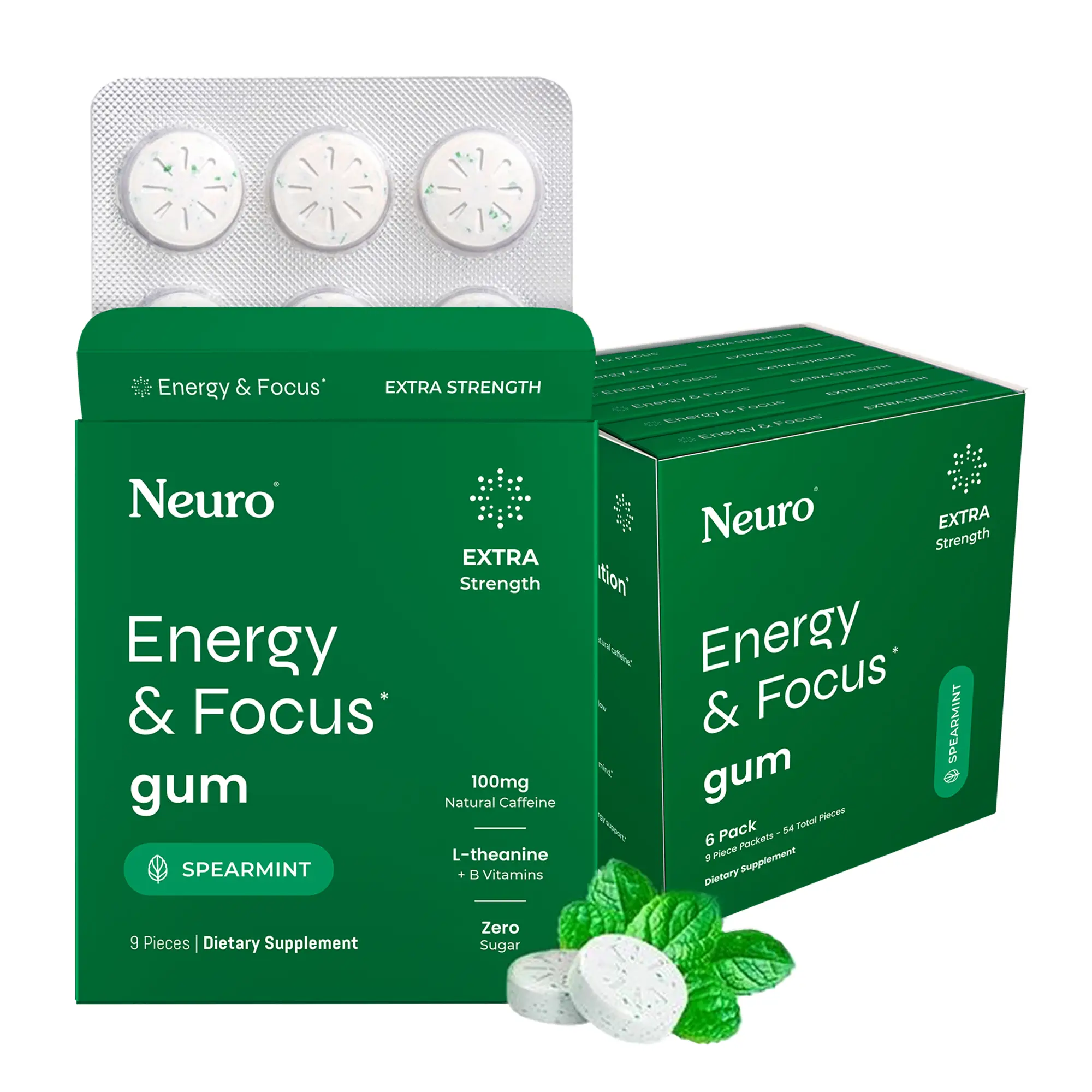 Neuro Extra Strength Energy Caffeine Gum/Mints for Energy & Focus - Sugar-Free with L-theanine, Caffeine, Vitamin B12 & Vitamin B6 - Spearmint Flavor