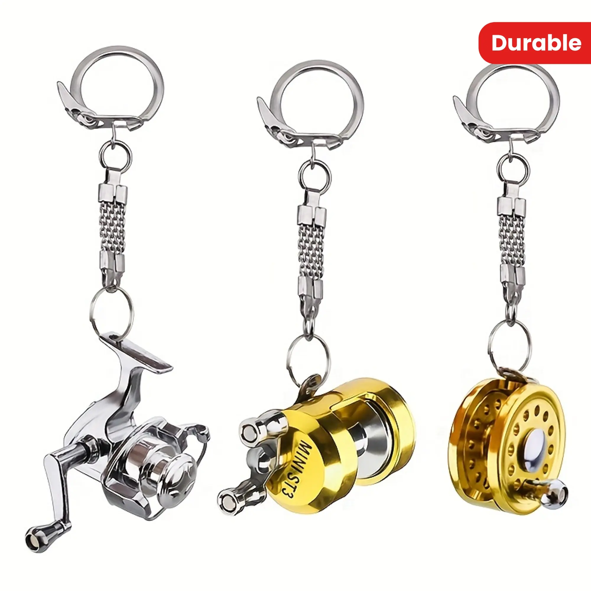 Durable Metal Fishing Reel Keychain, Compact Fishing Charm with Carabiner Clip for Men, Novelty Gift for Fishermen, Compact Keychain Keychains, Fishing Charms Keychains