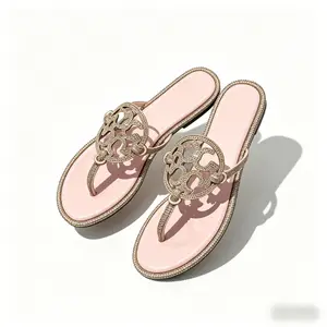 Womens Summer Pink Patent Leather Flip Flops with Gold Rhinestone Embellishments for Casual & Dressy Outfits