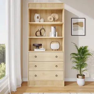 Garvee 71" H Fluted Bookshelf with 3 Drawers & 3-Tier Open Shelves, Tall Bookcase with Waved Design, Tall Book Shelf with Open Shelf for Living Room/Home Office, Wood color