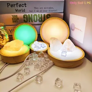 LED Night Light Handmade Wooden Base, Crystal Aroma Stone Decorative Lamp Base Stand, 3 Colors and RGB Light Options, USB Plug-in, Suitable for Desktop, Bedroom, Living Room Decor and Gifts