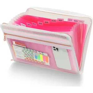 13 Pocket Expanding File Folder Organizer with Front Clear Pounch, Accordion File Organizer with Zipper Clourse, Fit for Letter Size Papers, Pink