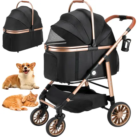 TLGREEN 3-in-1 All-Terrain Pet Stroller - Detachable Carrier Backpack for 55lb Medium Dogs/Cats, 1-Click Fold, Rubber Wheels, Zippered Breathable Mesh, Storage Basket, Cup Holder Ready, 2 Leash Secure, Outdoor Travel Gear (26.77inL×14.17inW×11inH)