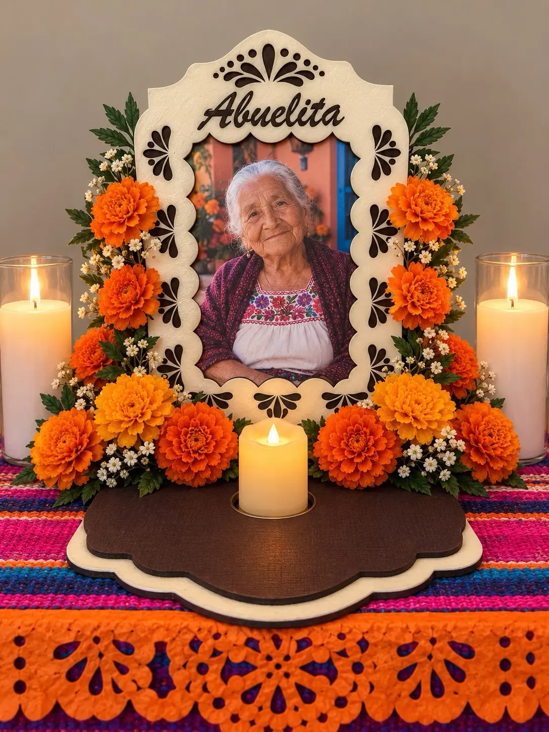 Custom Día de los Muertos Picture Frame with Personalized Name & Candle Holder – 3D Printed Ofrenda Memorial Photo Frame