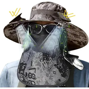 Solar Fan Hat, Wide Brim Sun Hat with 2 Solar Fan, Removable  Cap and  Mask, Hat with Solar Fans Built in, Fishing Hat with Fan for Men,  Outdoor Hiking Camping Fishing Hat Grey