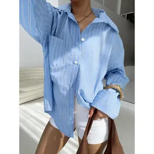 Women's Oversized Blue and White Stripe Shirt, Casual Long Sleeve Button Down Top, Unisex Resort Wear for Beach Vacation and All Seasons Outfits, Button Down Blouse